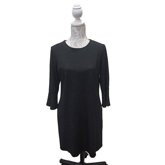 J. Jill Black Ponte Knit Shift Dress 3/4 Bell Sleeves Pockets Women's Medium - Picture 2 of 12
